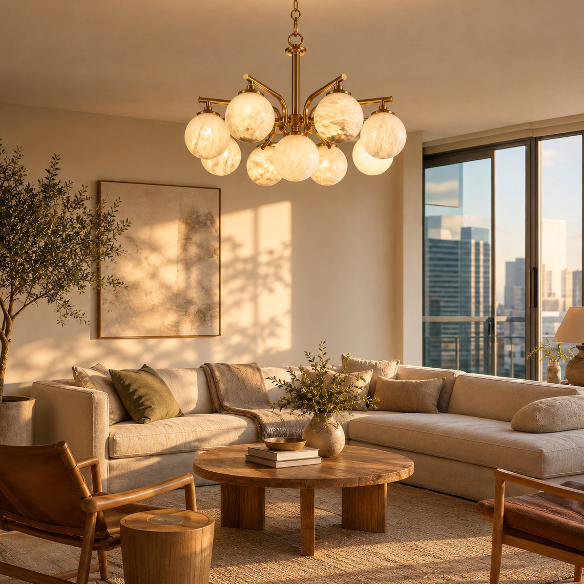 Brass 9-orb (extra) Alabaster Pendant Light