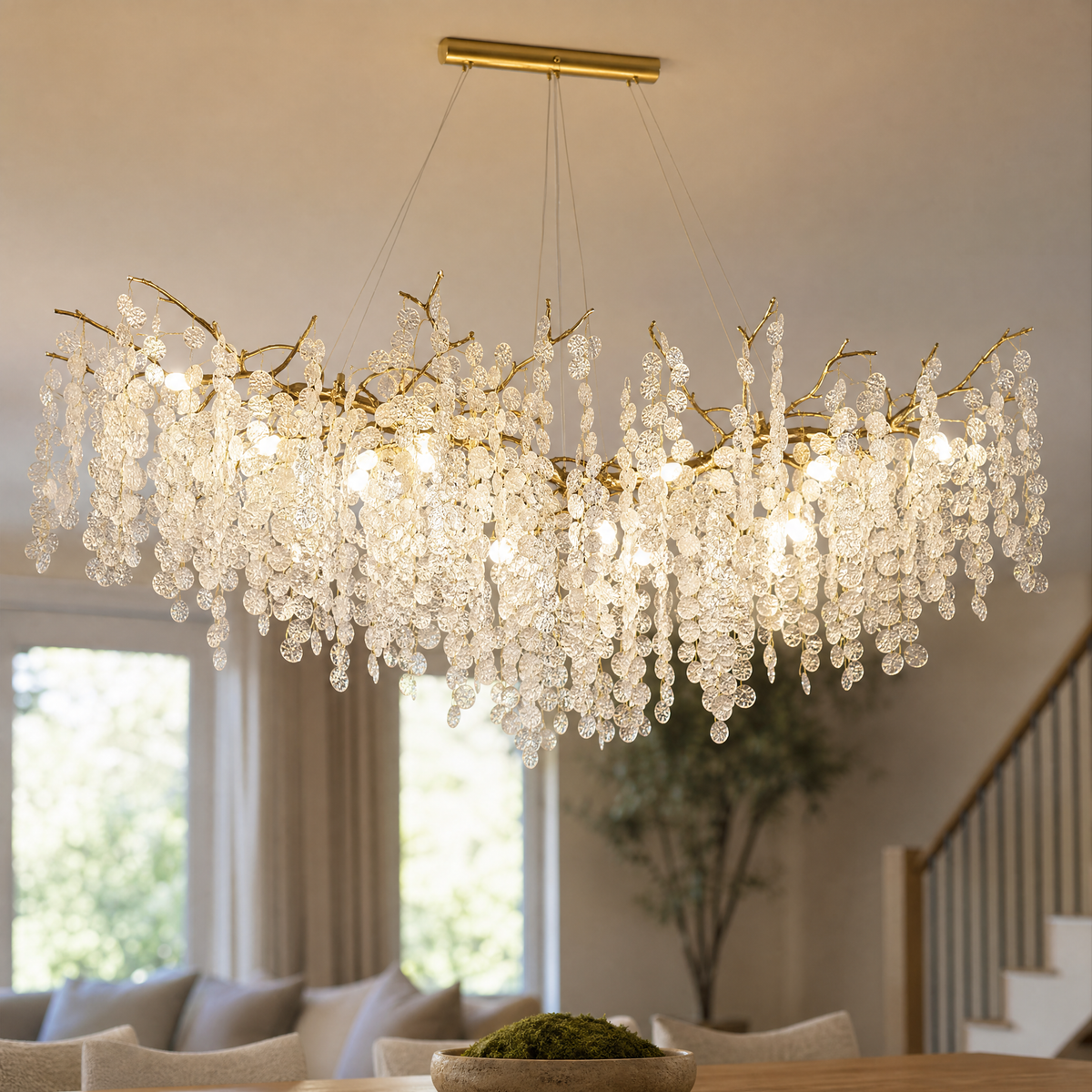 Brass Branch Chandelier with Frosted Glass Leaf Accents