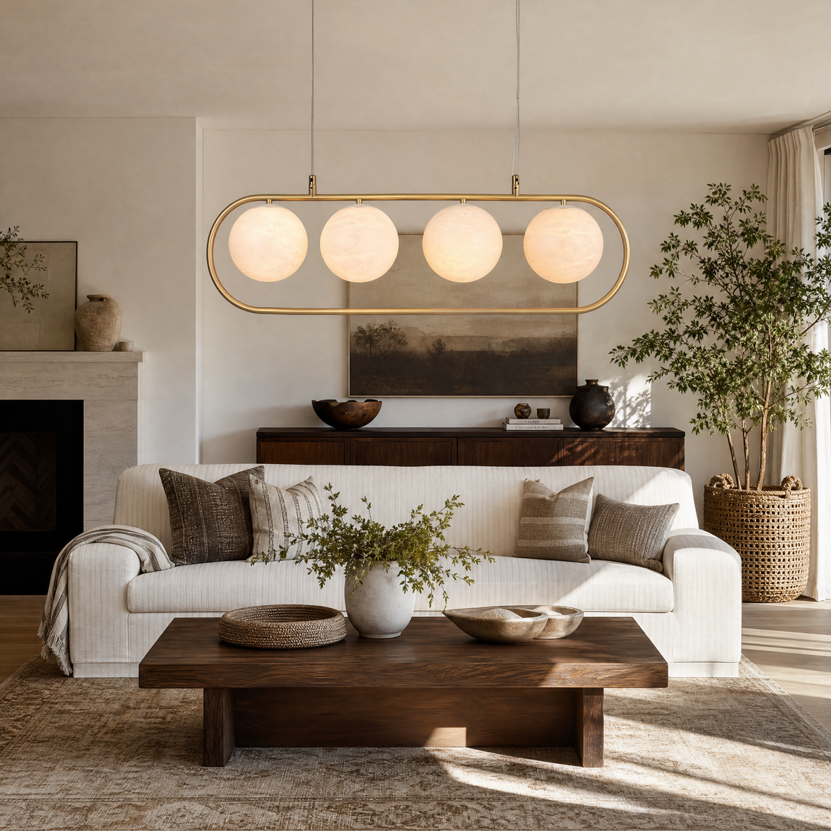 Brass Linear Orb Alabaster Pendant Light