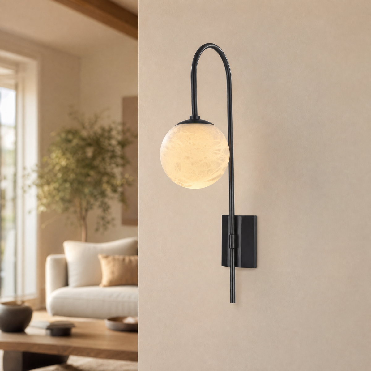 Bullet Shade Arched Stem Alabaster Globe Wall Sconce