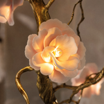 An antique brass branch chandelier with blooming floral glass shades suspended from a ceiling canopy mount.
