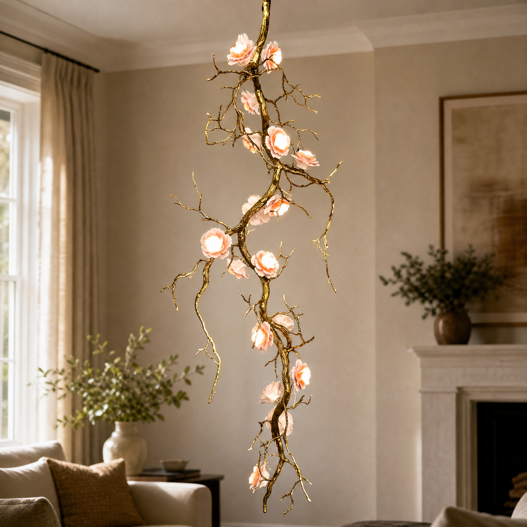 An antique brass branch chandelier with blooming floral glass shades suspended from a ceiling canopy mount.