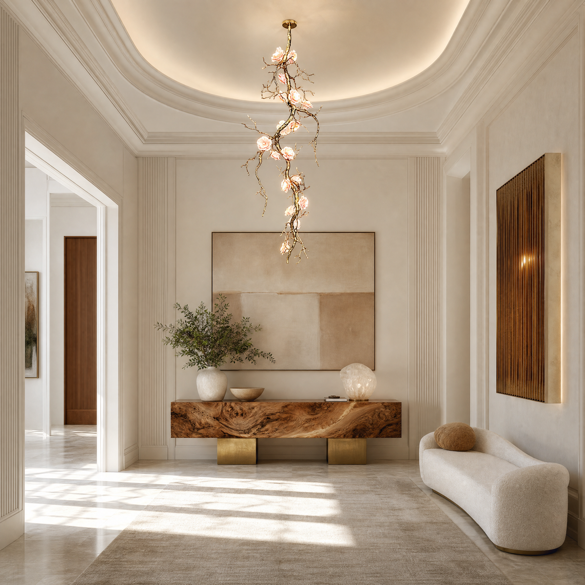An antique brass branch chandelier with blooming floral glass shades suspended from a ceiling canopy mount.