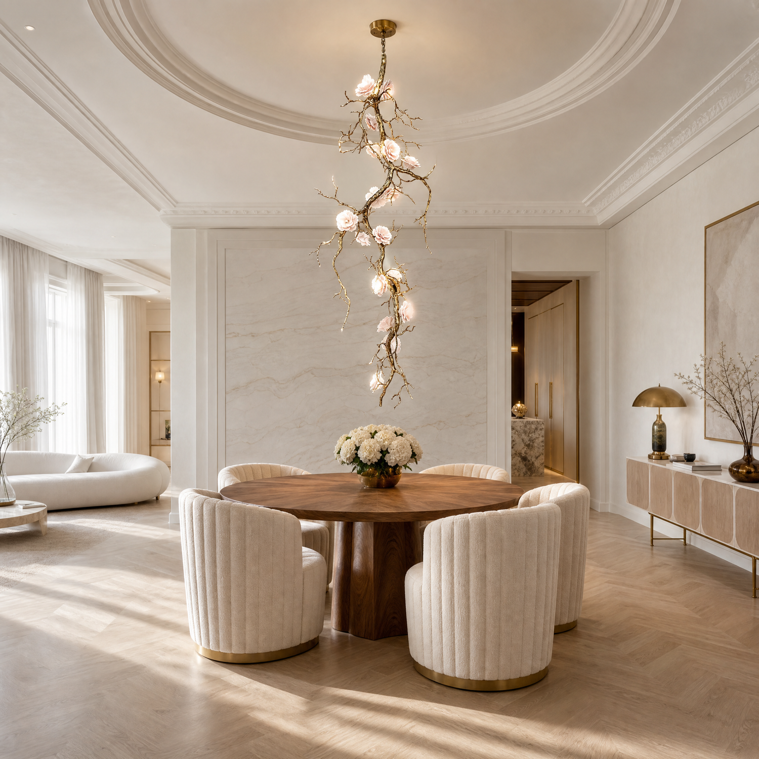 An antique brass branch chandelier with blooming floral glass shades suspended from a ceiling canopy mount.