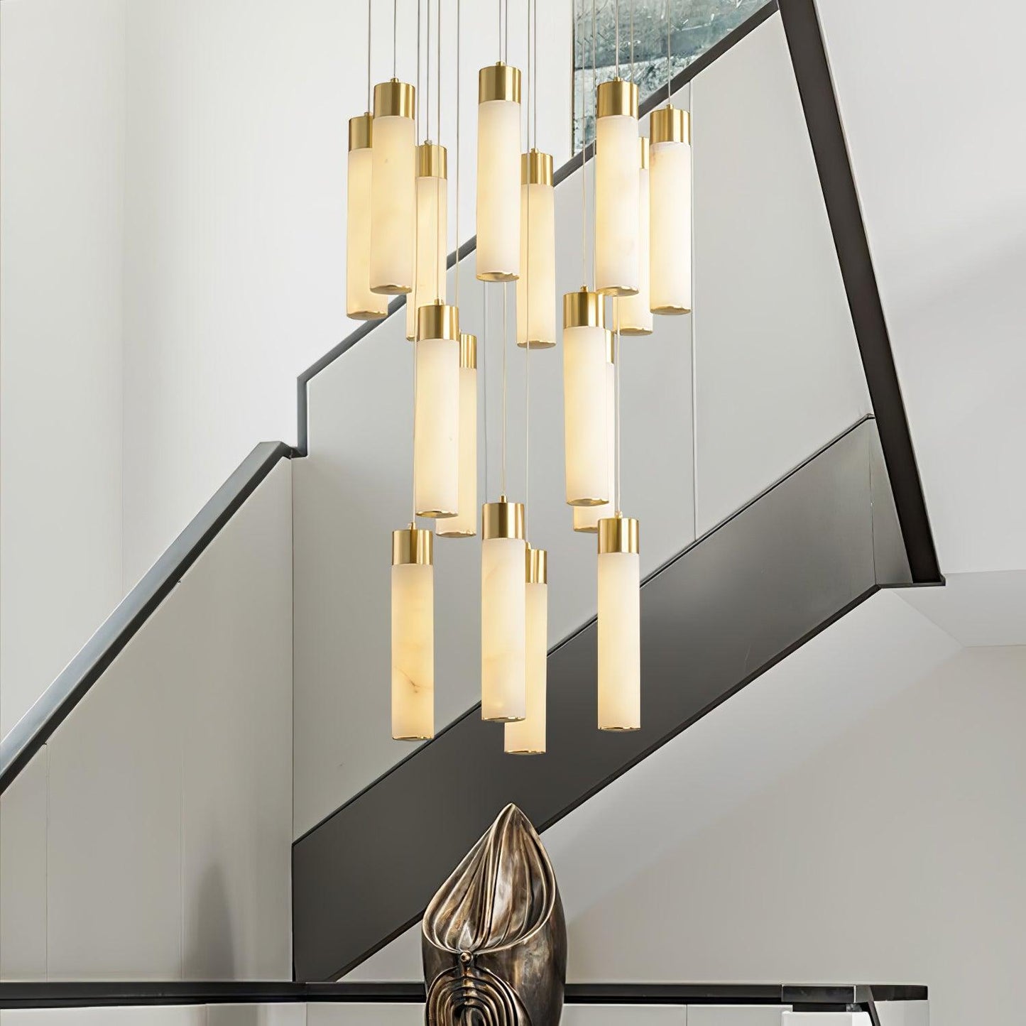 Celestial Alabaster Cascade Chandelier – Brass & White Multi-Head LED