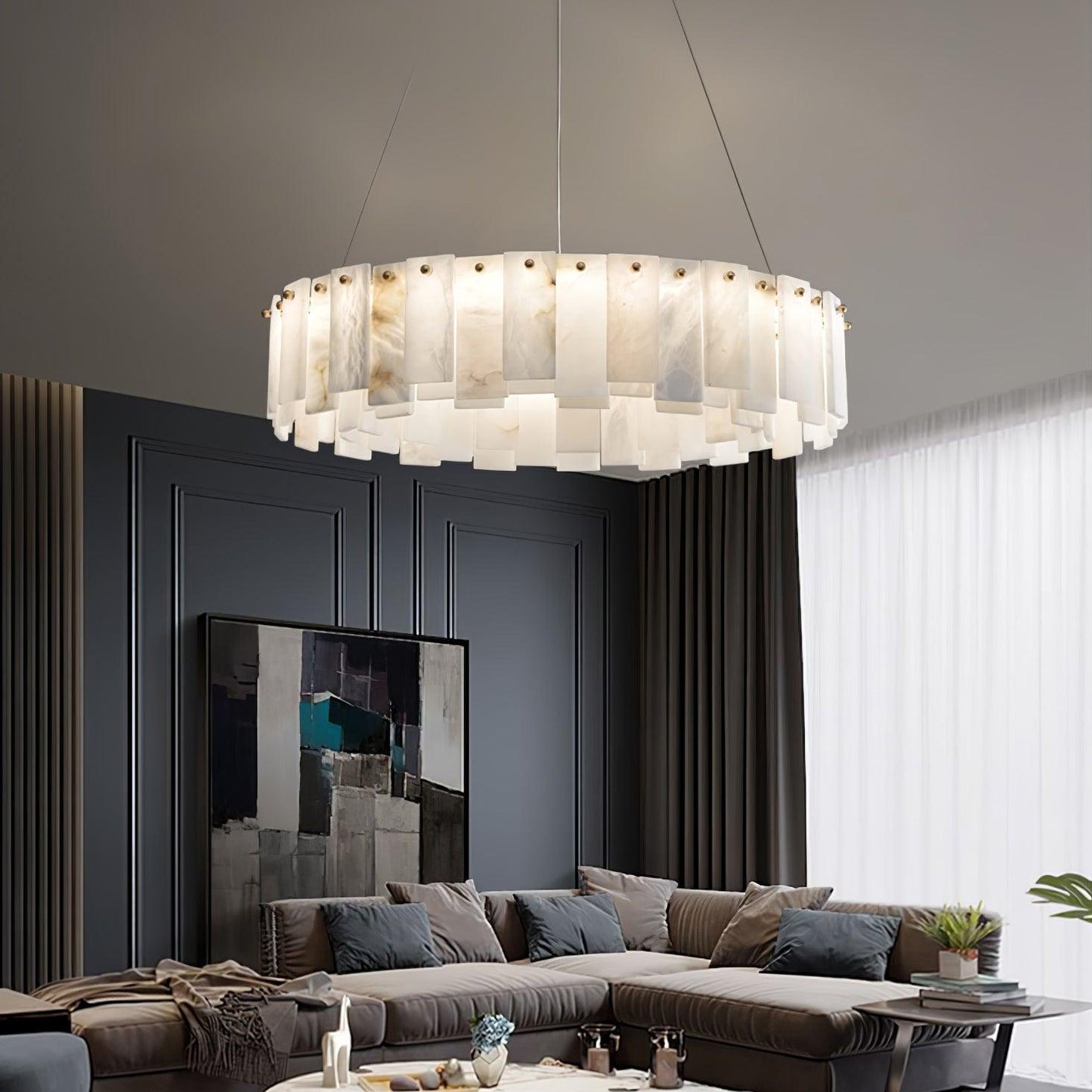 Celestial Alabaster Round Brass & White Chandelier – Heavenly Glow