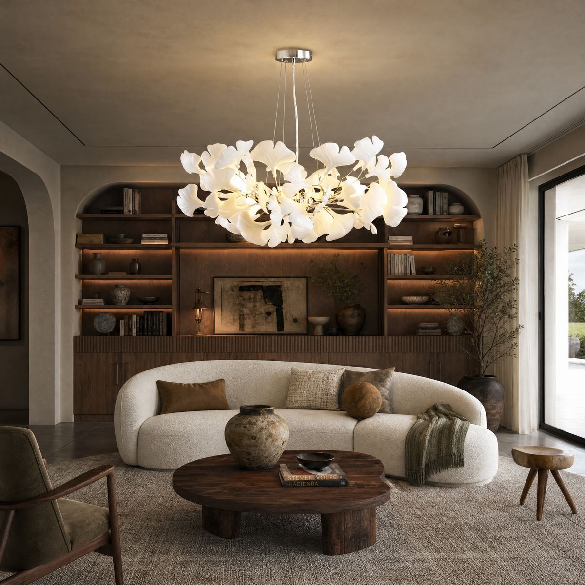 Ceramic-Ginkgo Leaf Pendant Light 1200 6-Light - Silver
