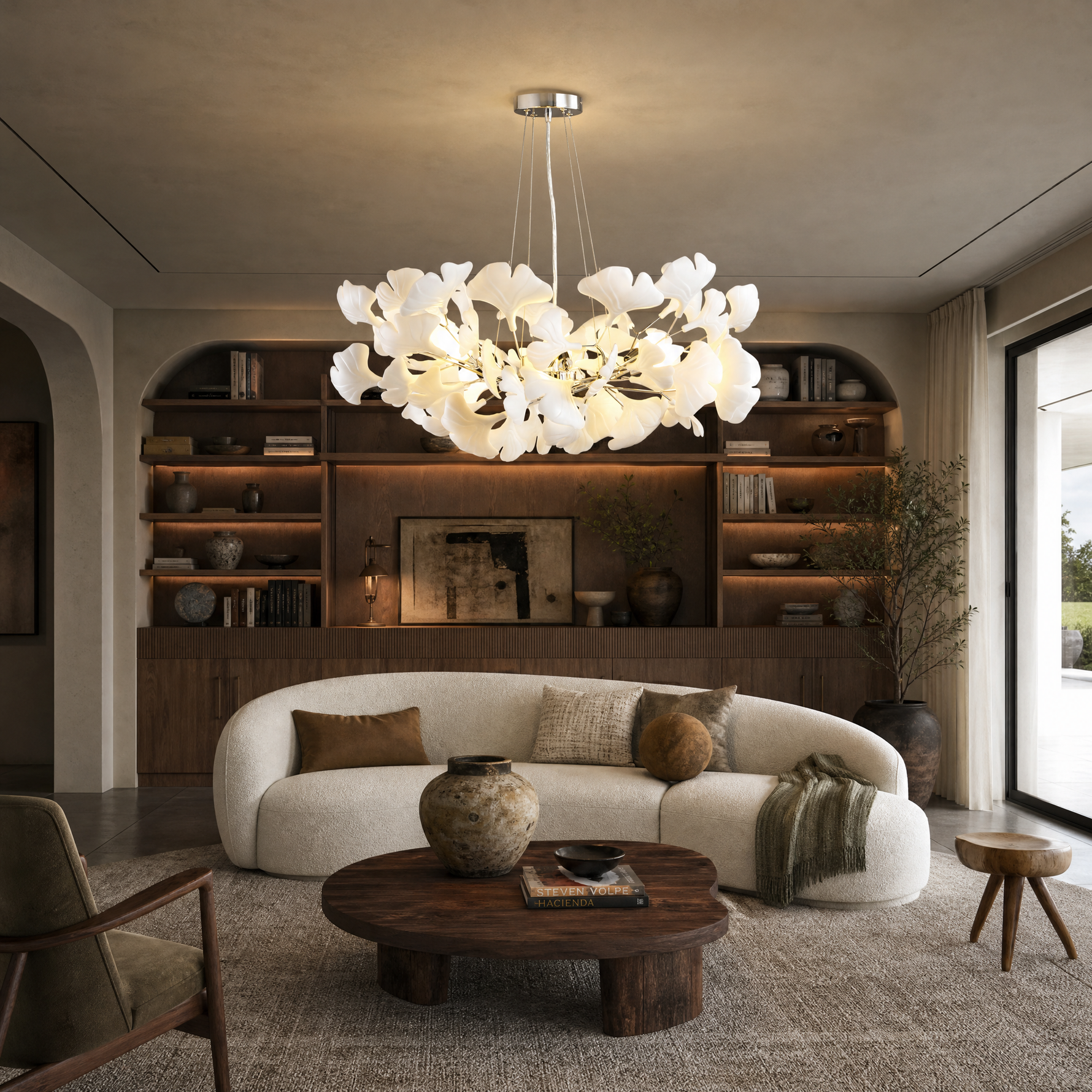 Ceramic-Ginkgo Leaf Pendant Light 1200 6-Light - Silver