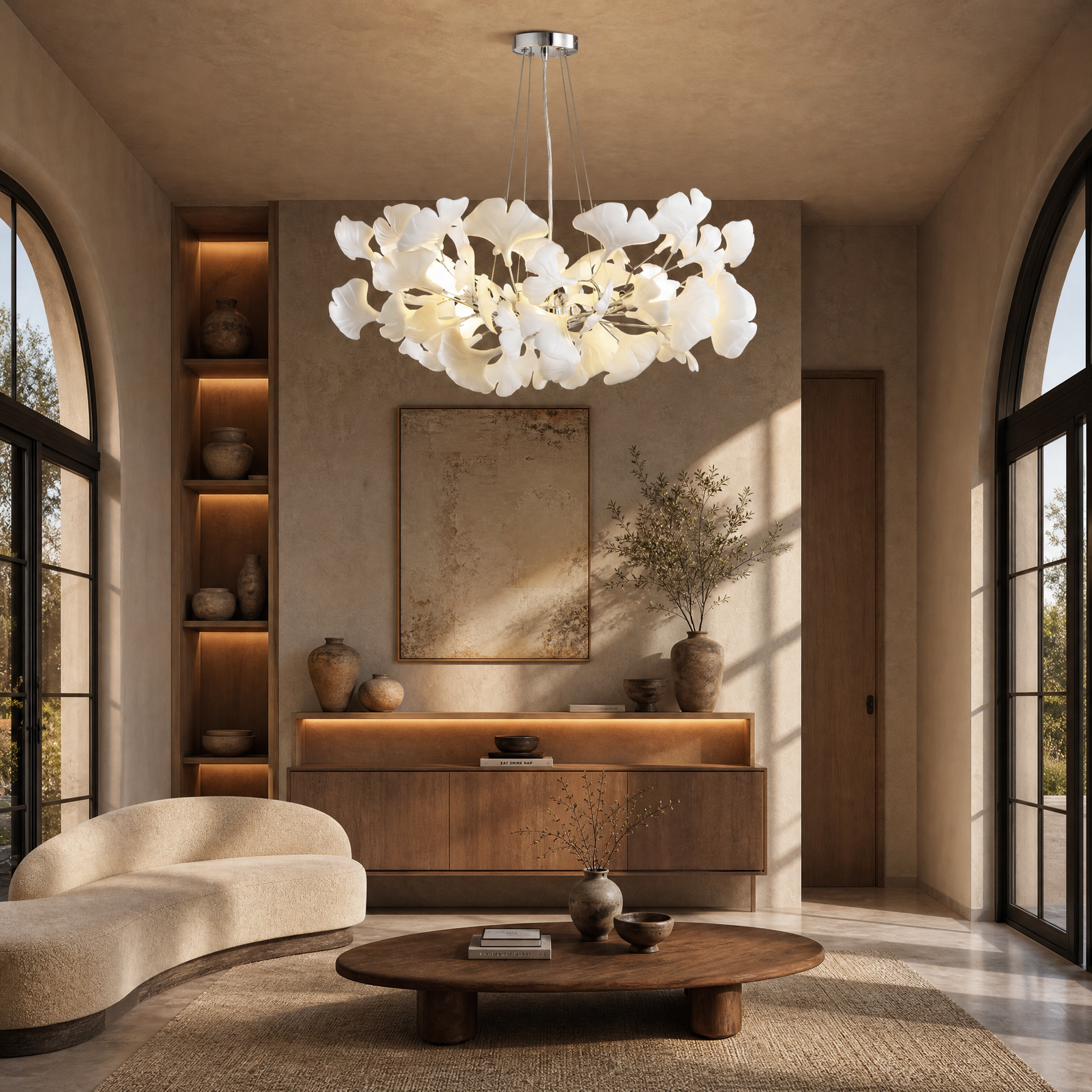 Ceramic-Ginkgo Leaf Pendant Light 1200 6-Light - Silver