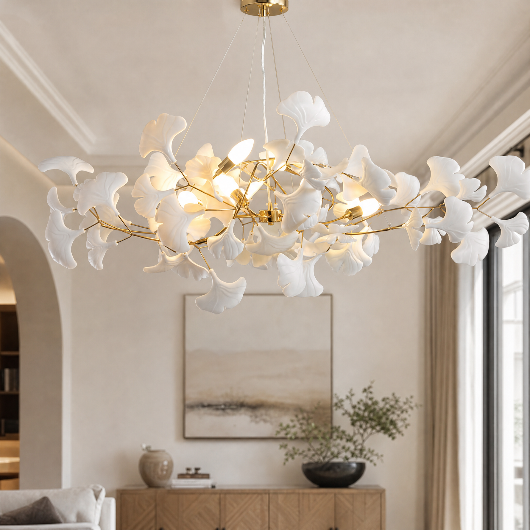 Ceramic Ginkgo Leaf - Pendant Light 1200 - Gold