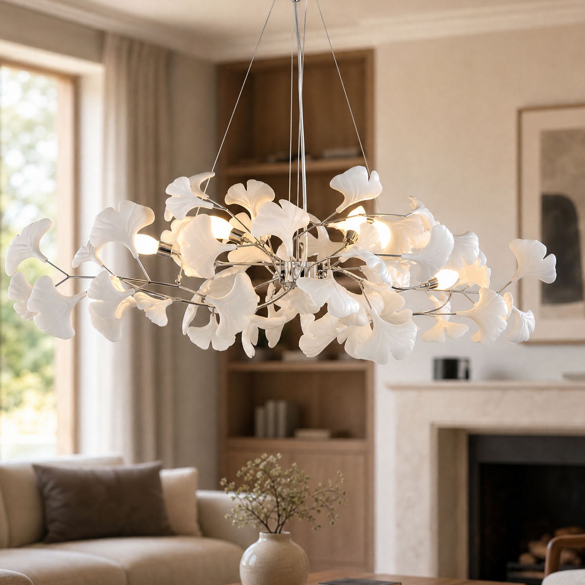 Ceramic Ginkgo Leaf - Pendant Light 1200 - Silver