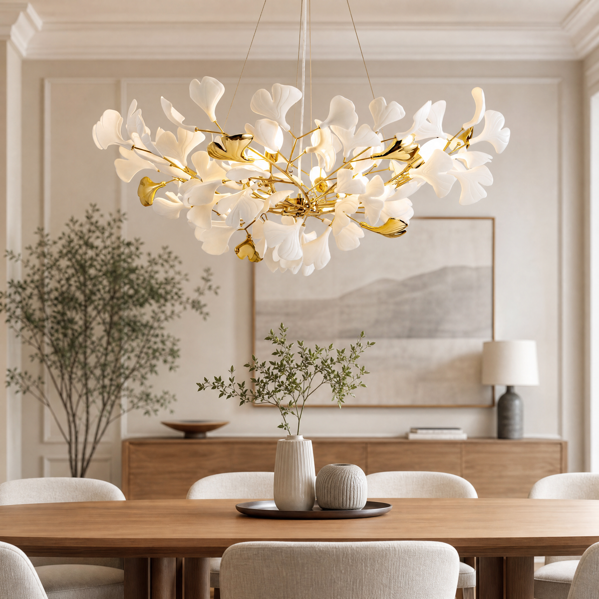 Ceramic Ginkgo Leaf - Pendant Light 1200 - Silver