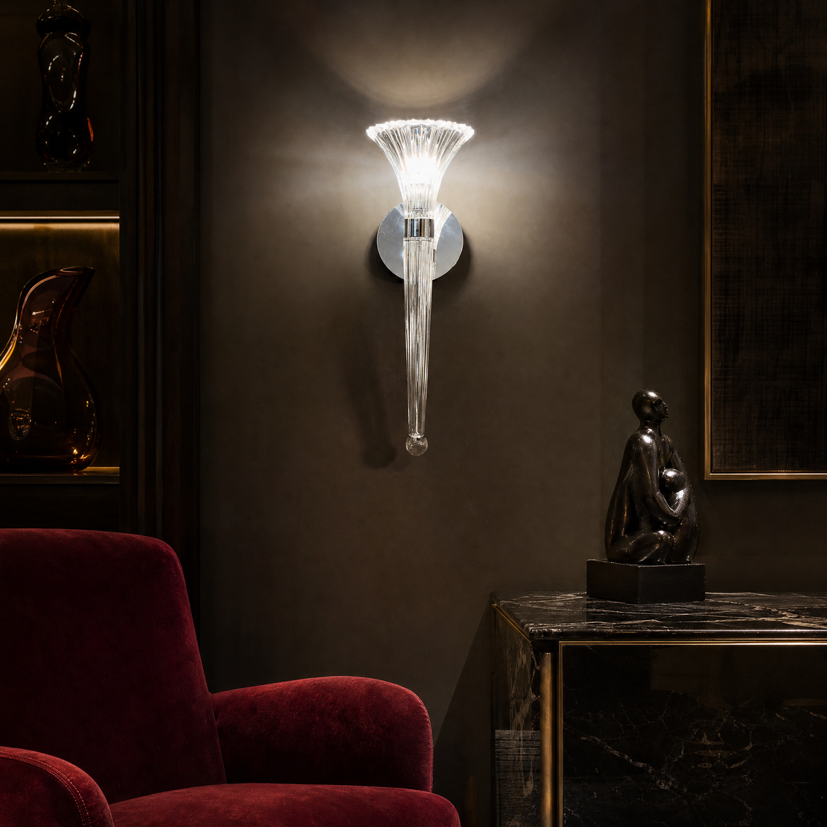 Chrome Clear Fluted Glass Trumpet Wall Sconce