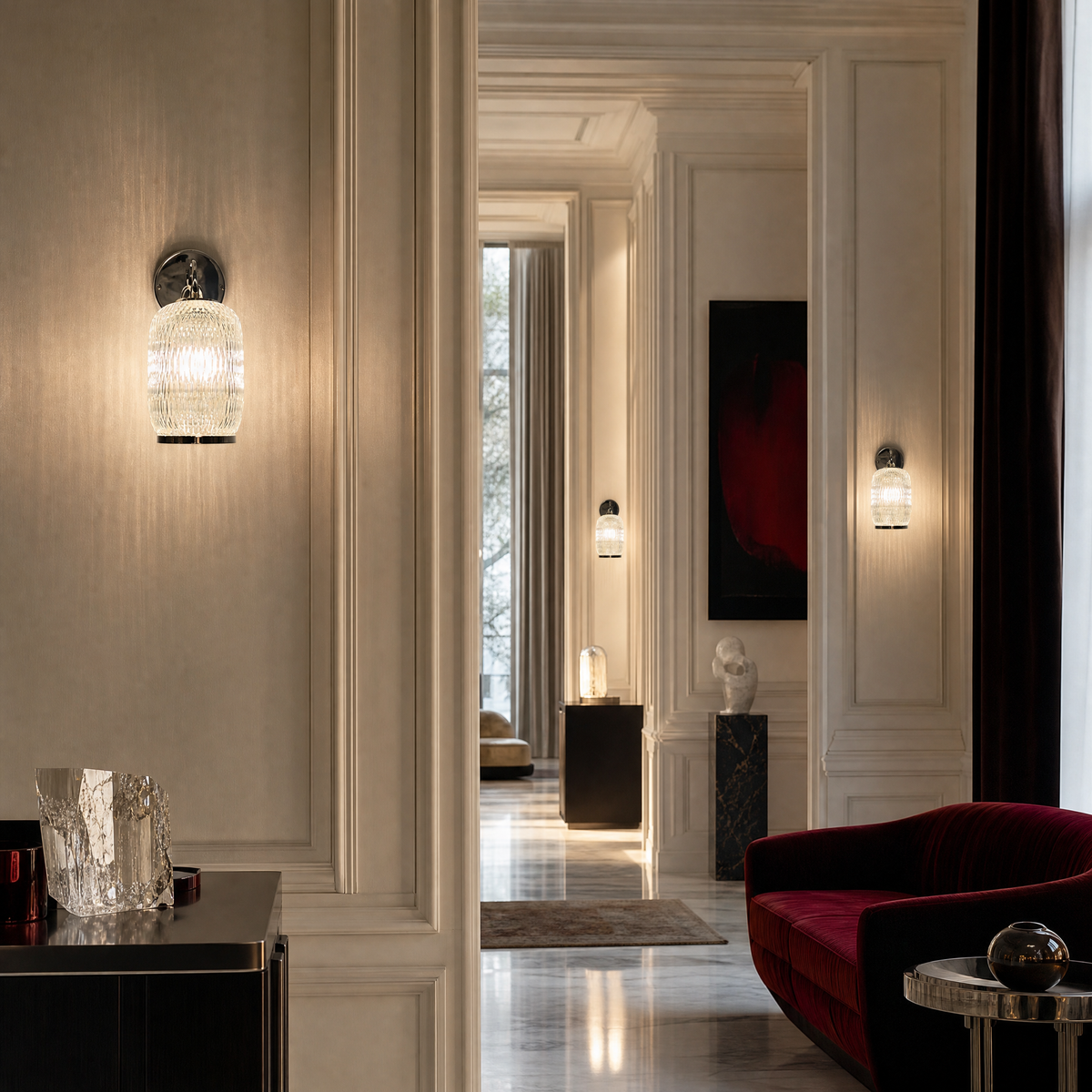 Chrome Ribbed Cylindrical Glass Wall Sconce