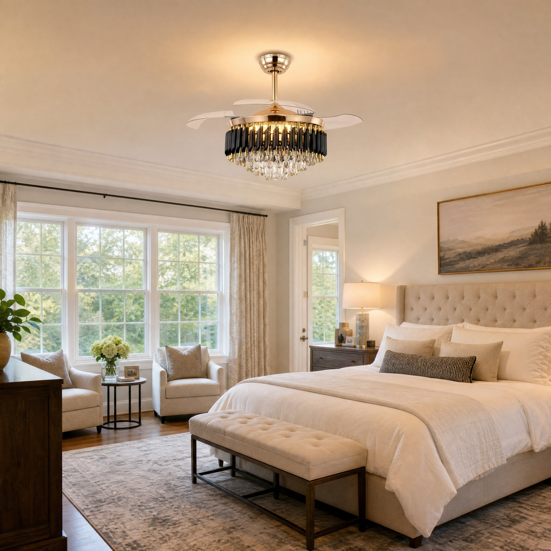 Clear Acrylic Blade Ceiling Fan with Crystal Chandelier