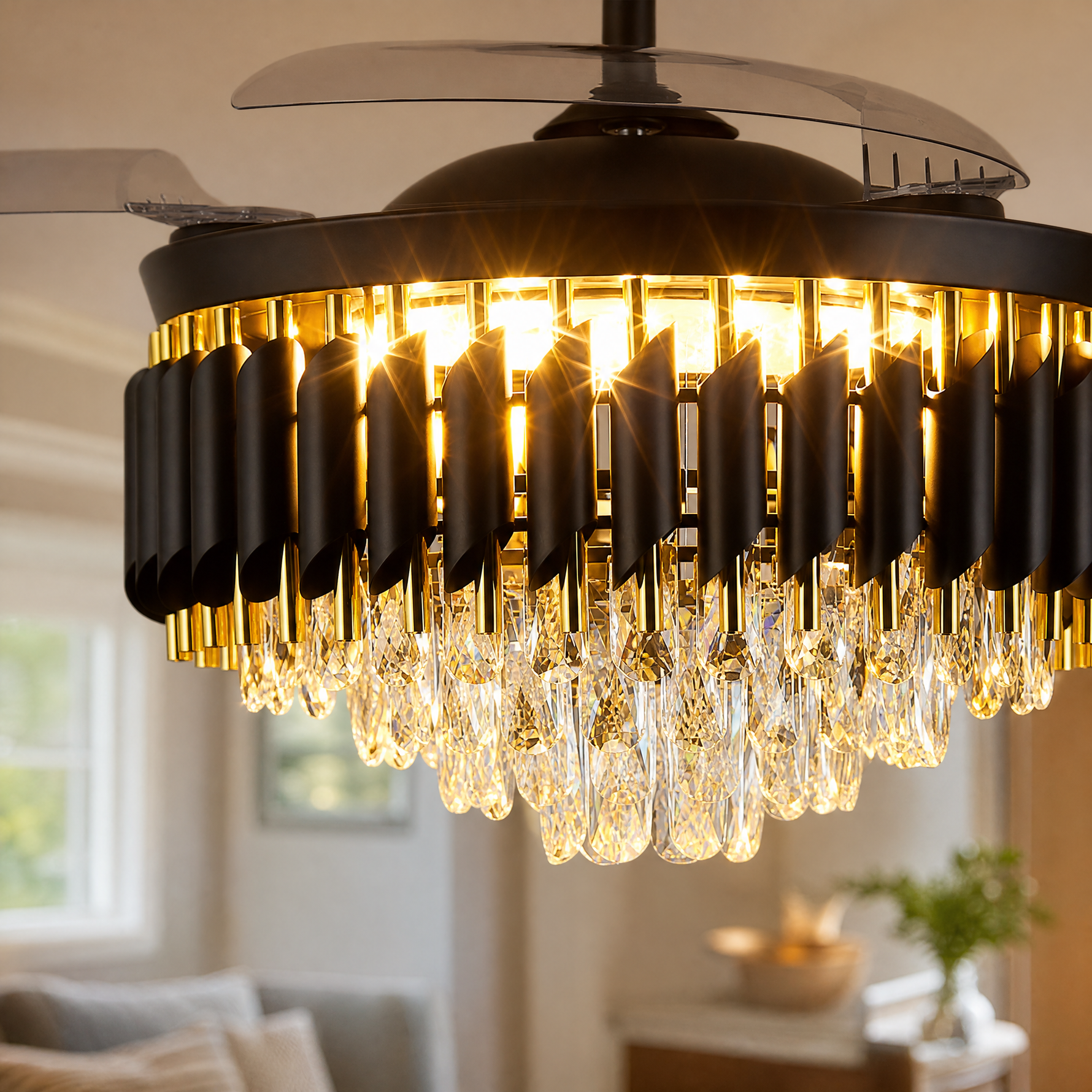 Clear Acrylic Blade Ceiling Fan with Crystal Chandelier