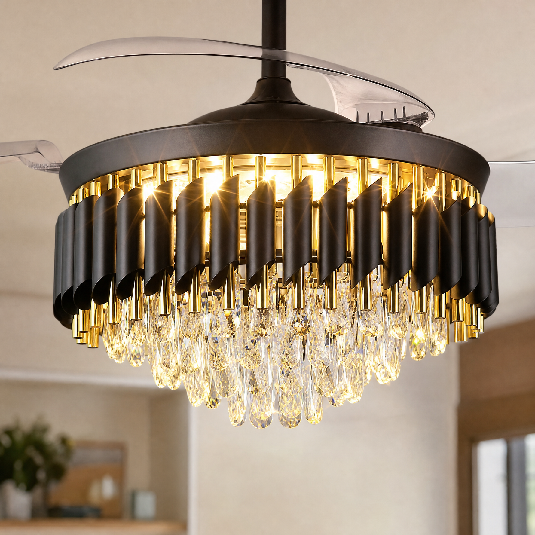 Clear Acrylic Blade Ceiling Fan with Crystal Chandelier