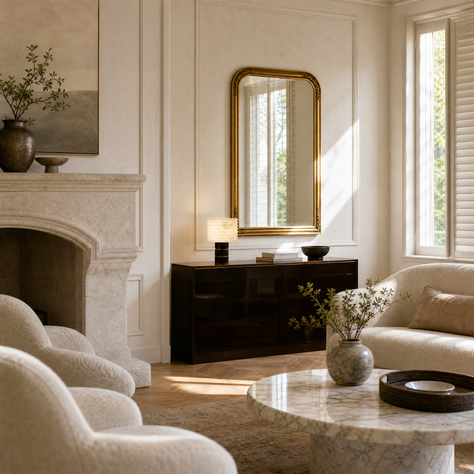 A lit Milanese living room at dusk