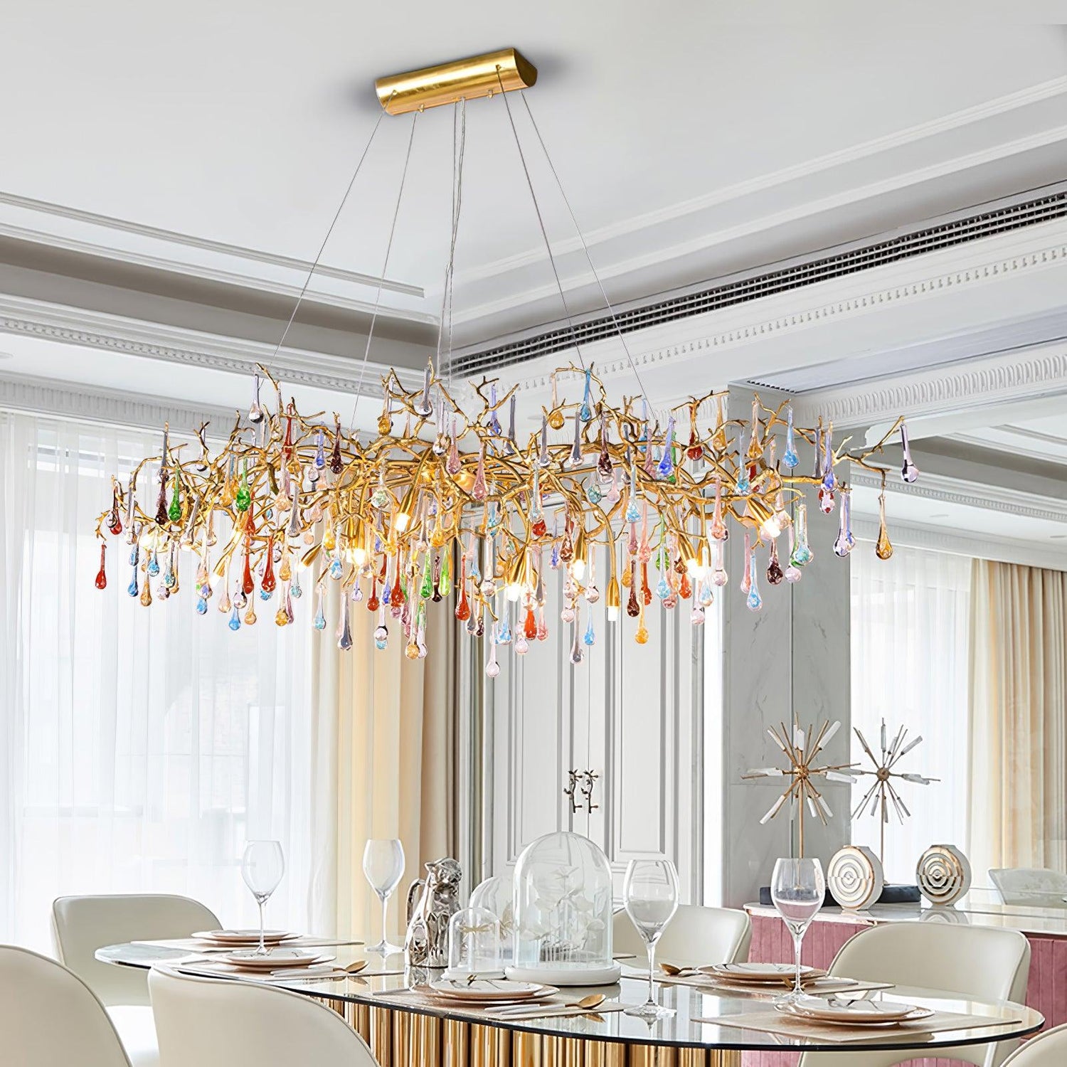 Colorful Raindrop Brass Branch Chandelier with Crystal Accents