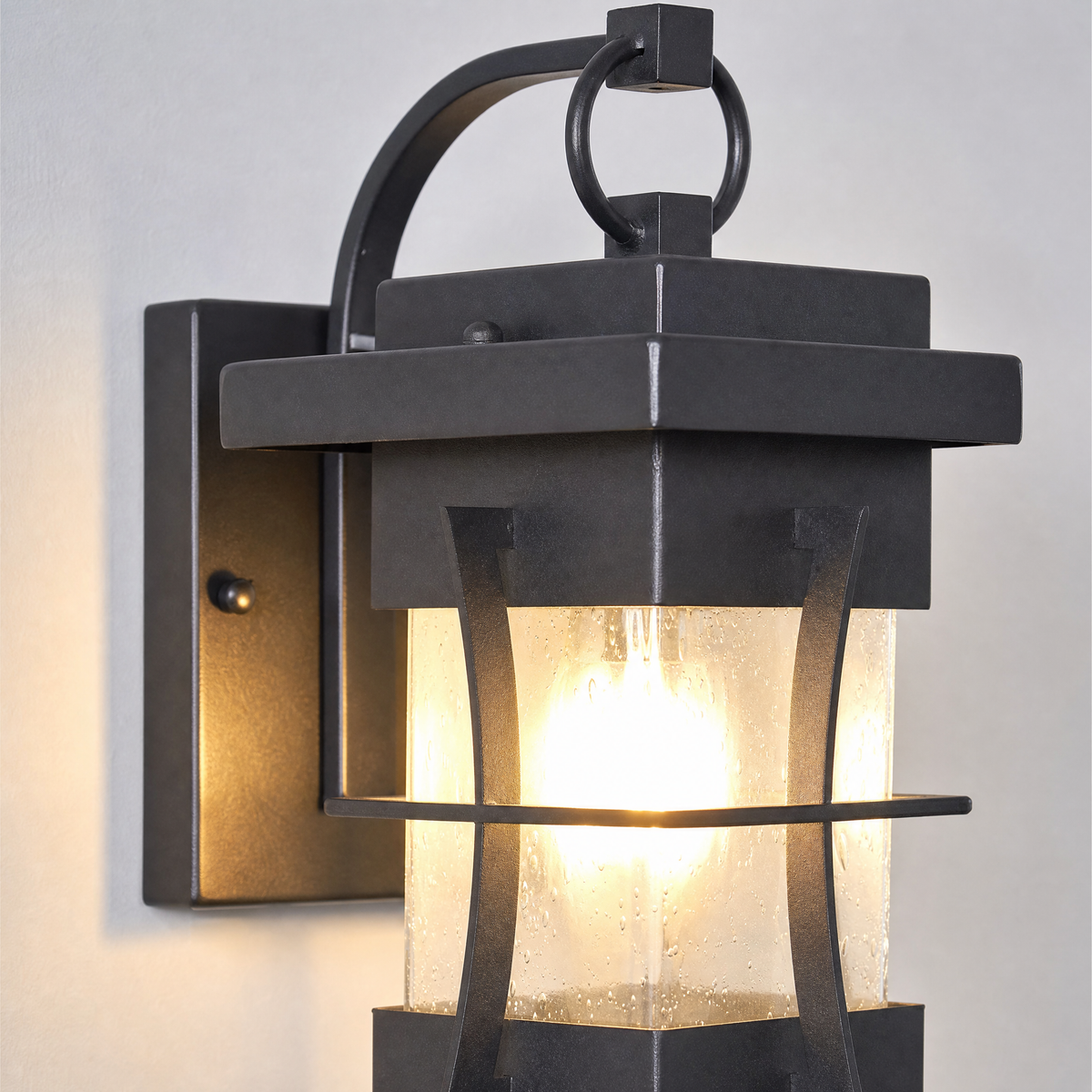 Craftsman Matte Black Iron and Seeded Glass Outdoor Wall Lantern