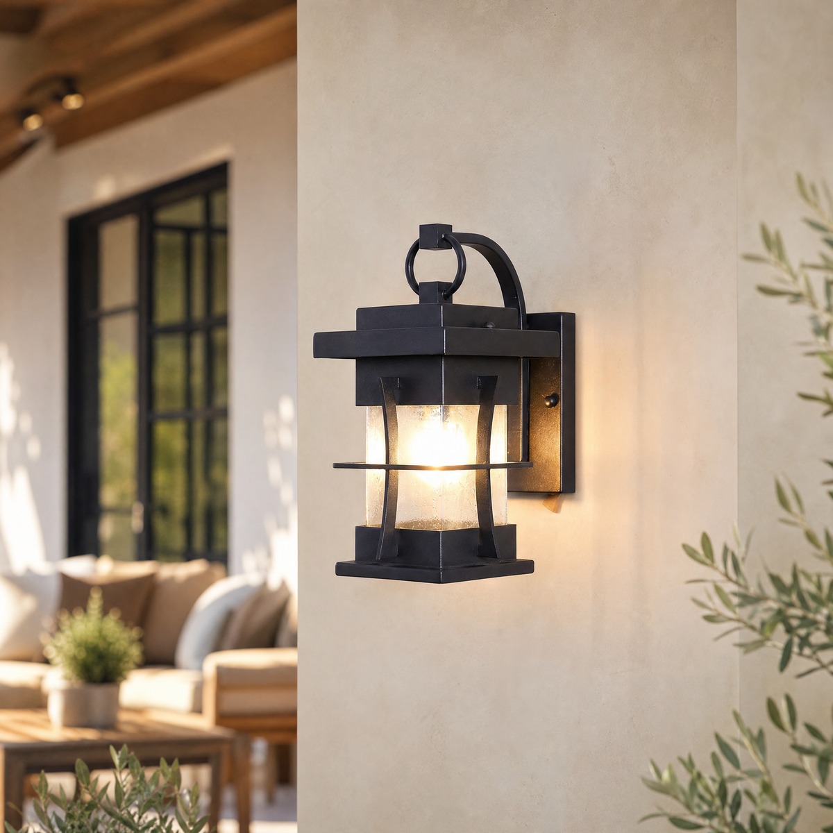 Craftsman Matte Black Iron and Seeded Glass Outdoor Wall Lantern