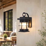 Craftsman Matte Black Iron and Seeded Glass Outdoor Wall Lantern