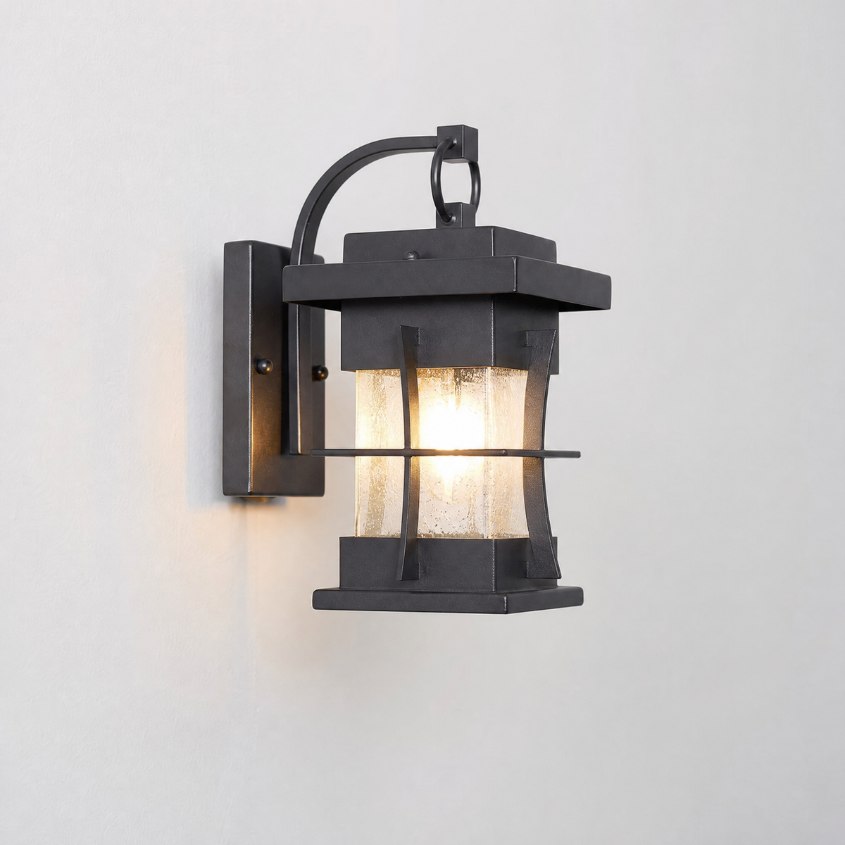 Craftsman Matte Black Iron and Seeded Glass Outdoor Wall Lantern