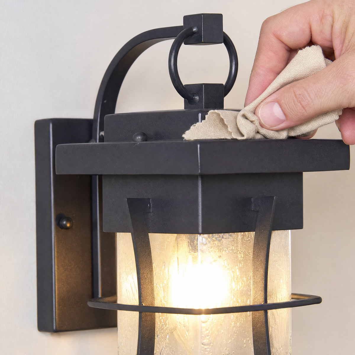 Craftsman Matte Black Iron and Seeded Glass Outdoor Wall Lantern