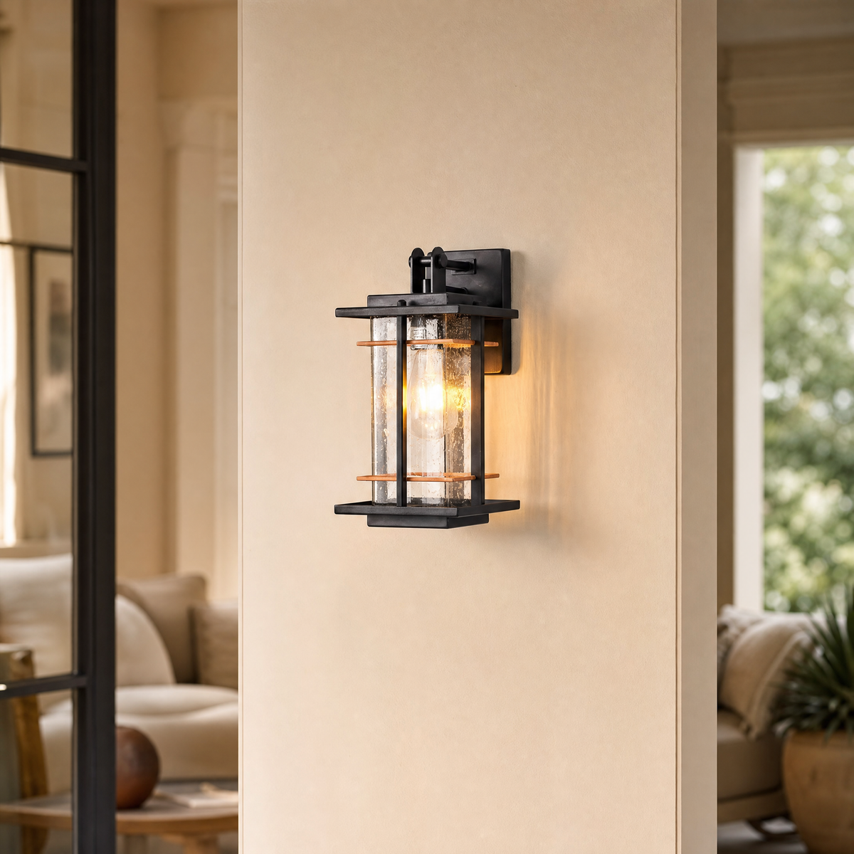 Craftsman Matte Black and Antique Copper Outdoor Wall Lantern