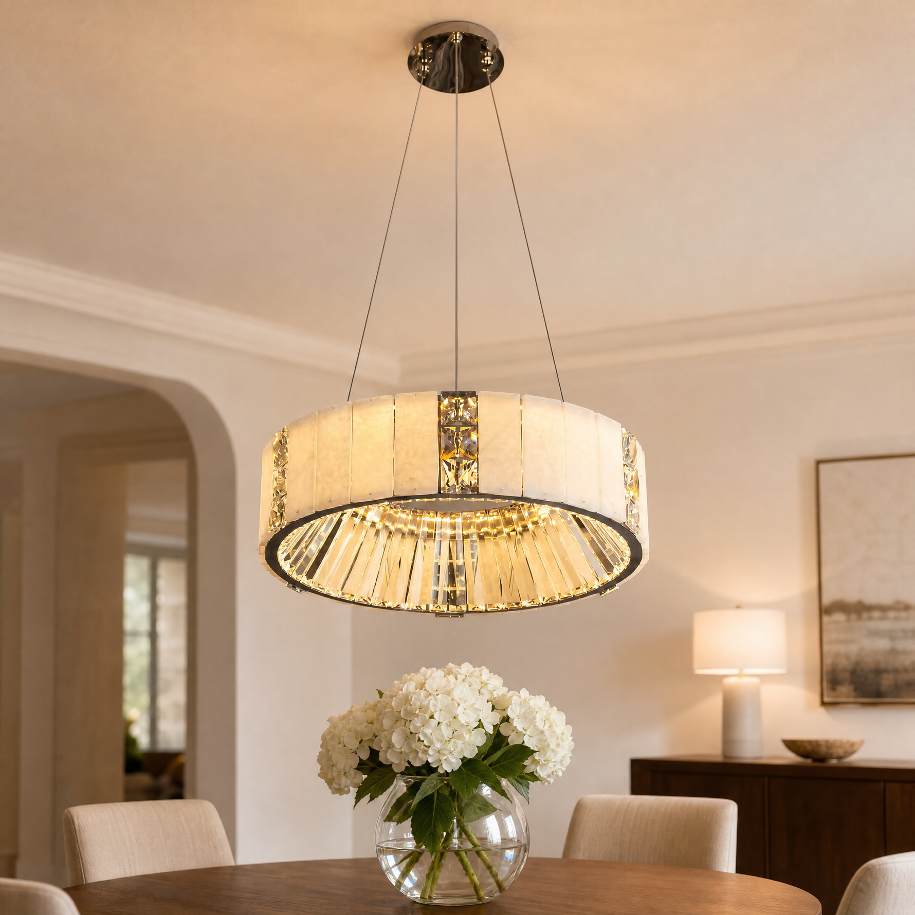 Cristallo Modern Alabaster Round Drum Chandelier