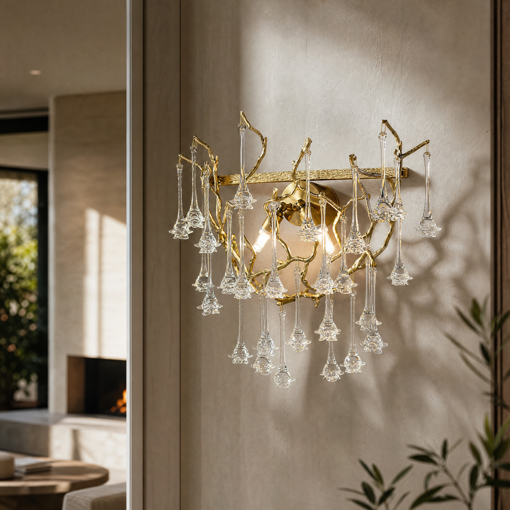 Crystal Branch Wall Sconce in Textured Gold Finish