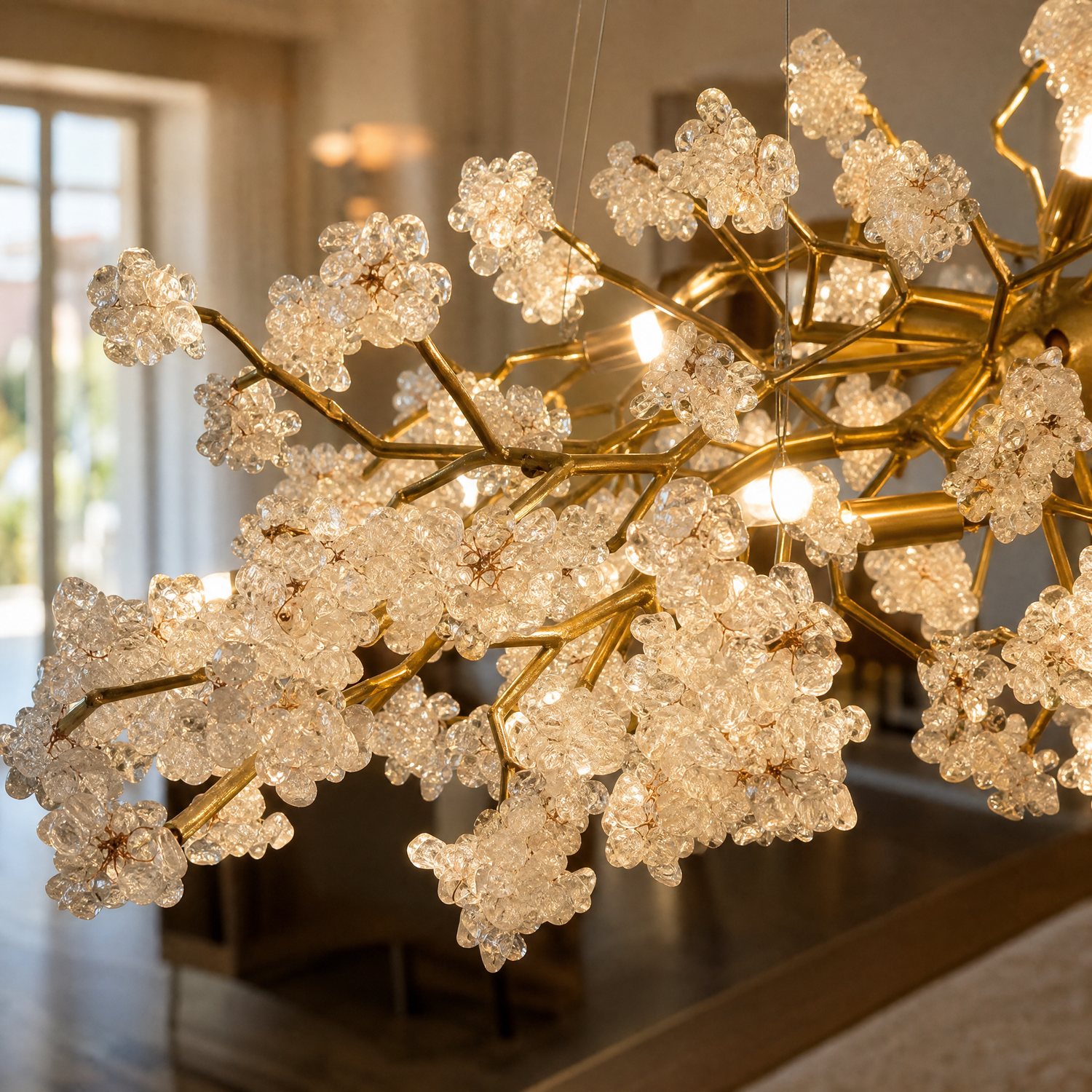 A modern organic chandelier with a warm gold branching frame and textured crystal blossom clusters hangs over a dining table.