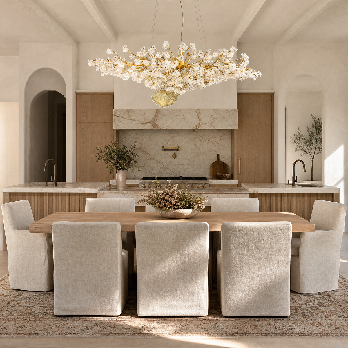 A modern organic chandelier with a warm gold branching frame and textured crystal blossom clusters hangs over a dining table.