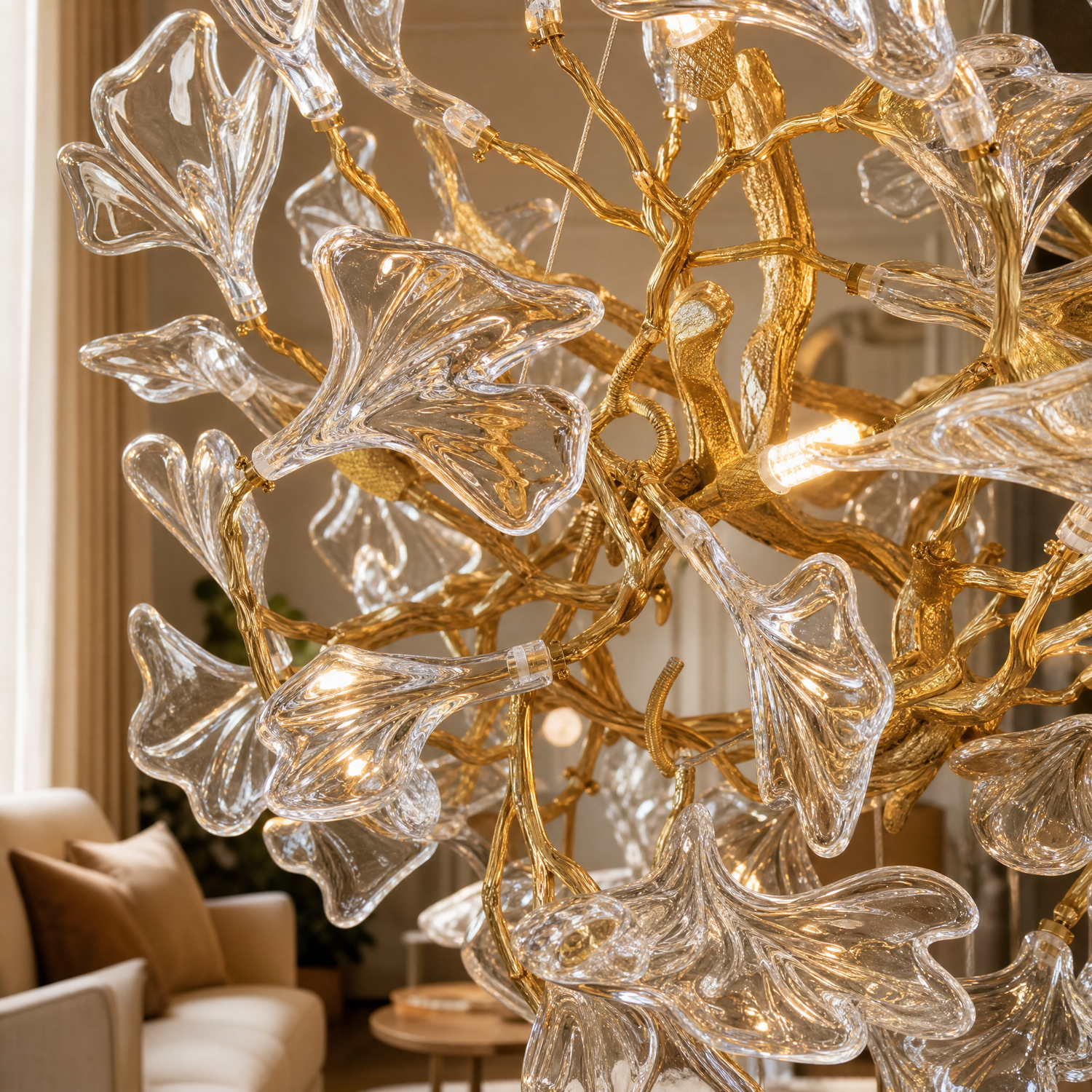 A gold metal branch chandelier with crystal ginkgo leaf shades suspended from a circular canopy.