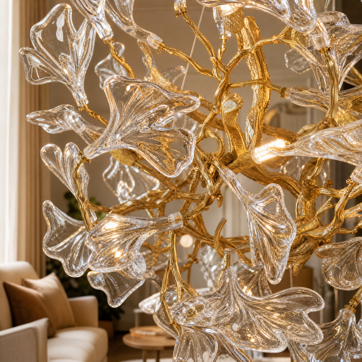 A gold metal branch chandelier with crystal ginkgo leaf shades suspended from a circular canopy.