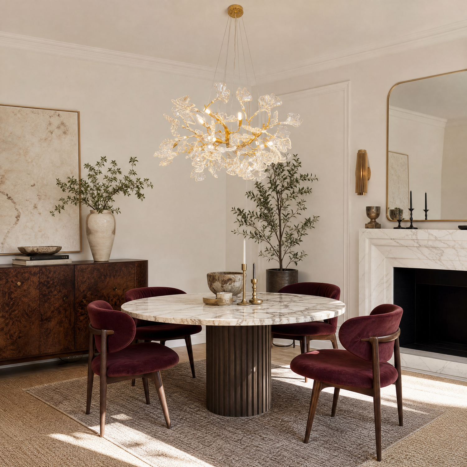 A gold metal branch chandelier with crystal ginkgo leaf shades suspended from a circular canopy.