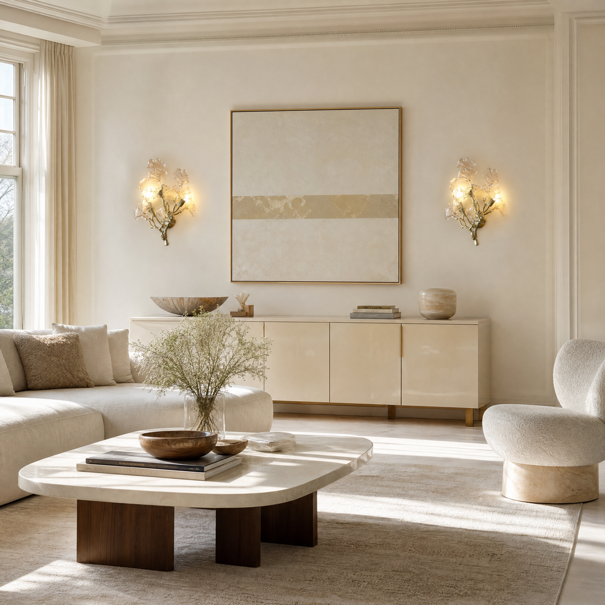 A modern wall sconce designed as a sculptural ginkgo branch in a warm brass finish with clear textured glass leaf shades.