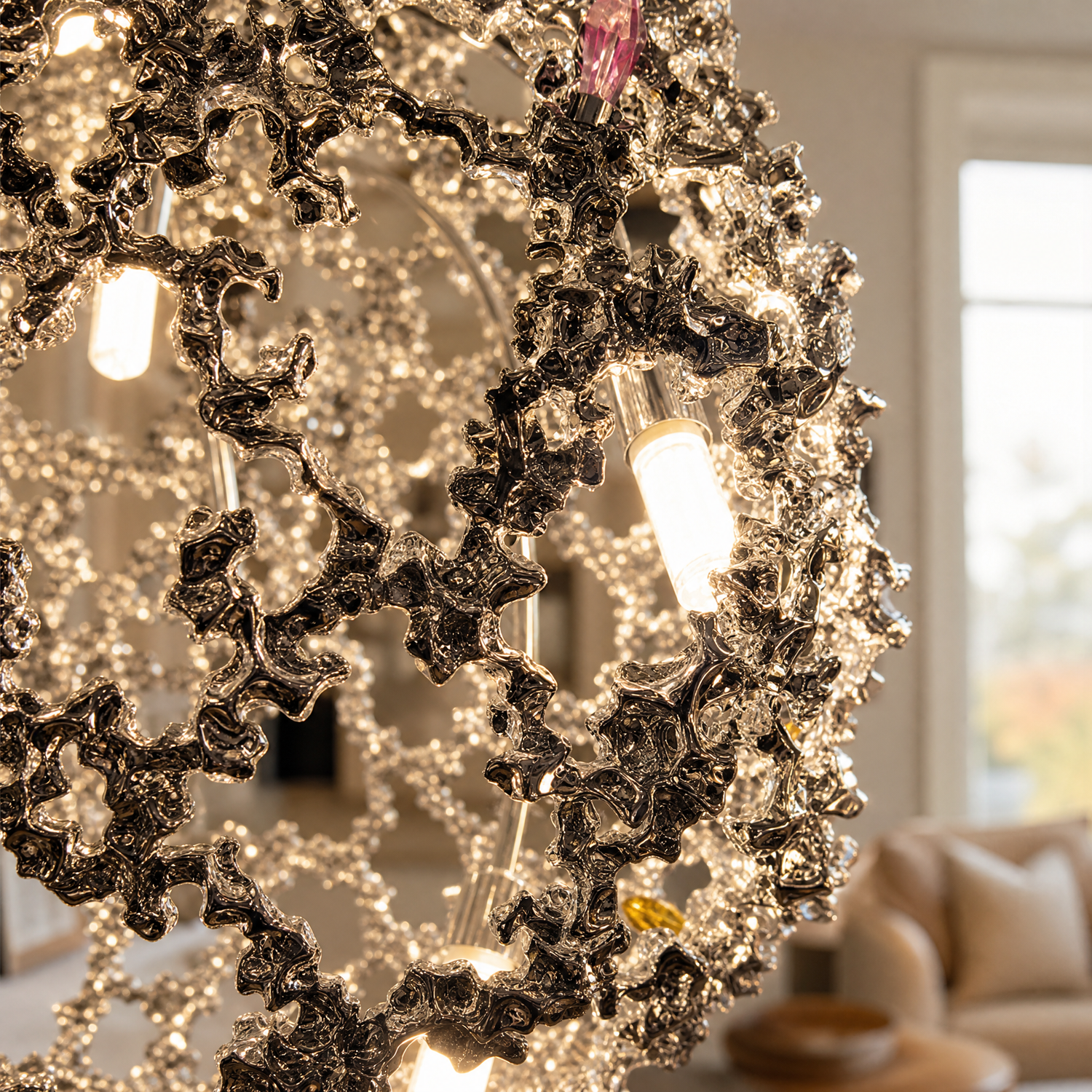 A spherical pendant light with a polished chrome lattice frame and clear crystal droplets hanging inside.