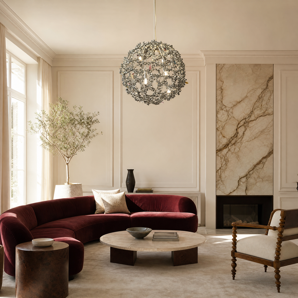 A spherical pendant light with a polished chrome lattice frame and clear crystal droplets hanging inside.