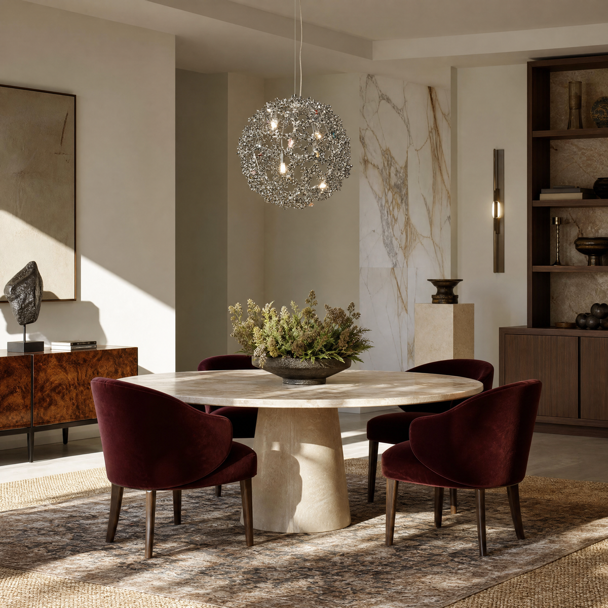 A spherical pendant light with a polished chrome lattice frame and clear crystal droplets hanging inside.