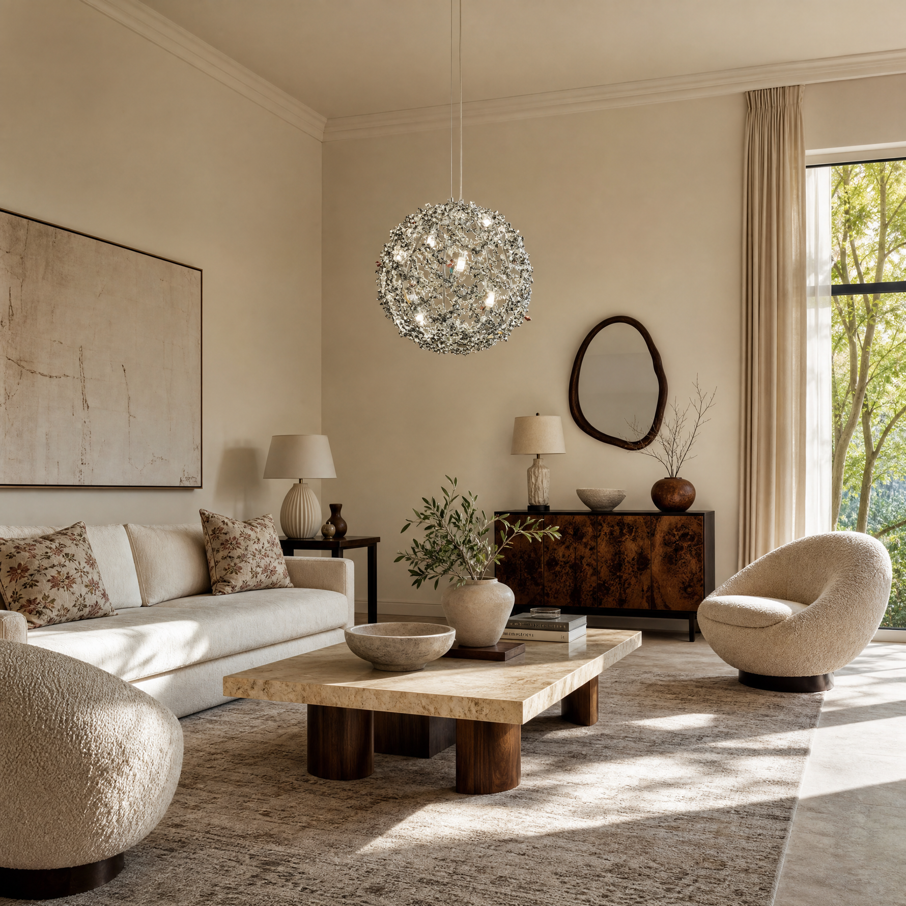 A spherical pendant light with a polished chrome lattice frame and clear crystal droplets hanging inside.