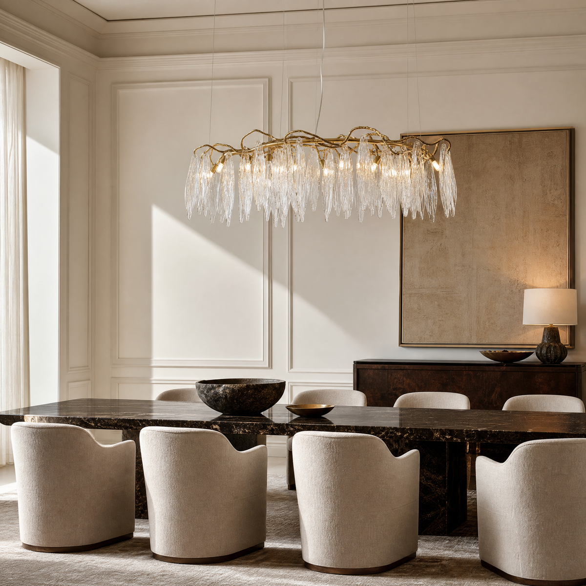 A modern chandelier with elongated textured crystal leaf pendants attached to an antique gold branch-like metal frame.
