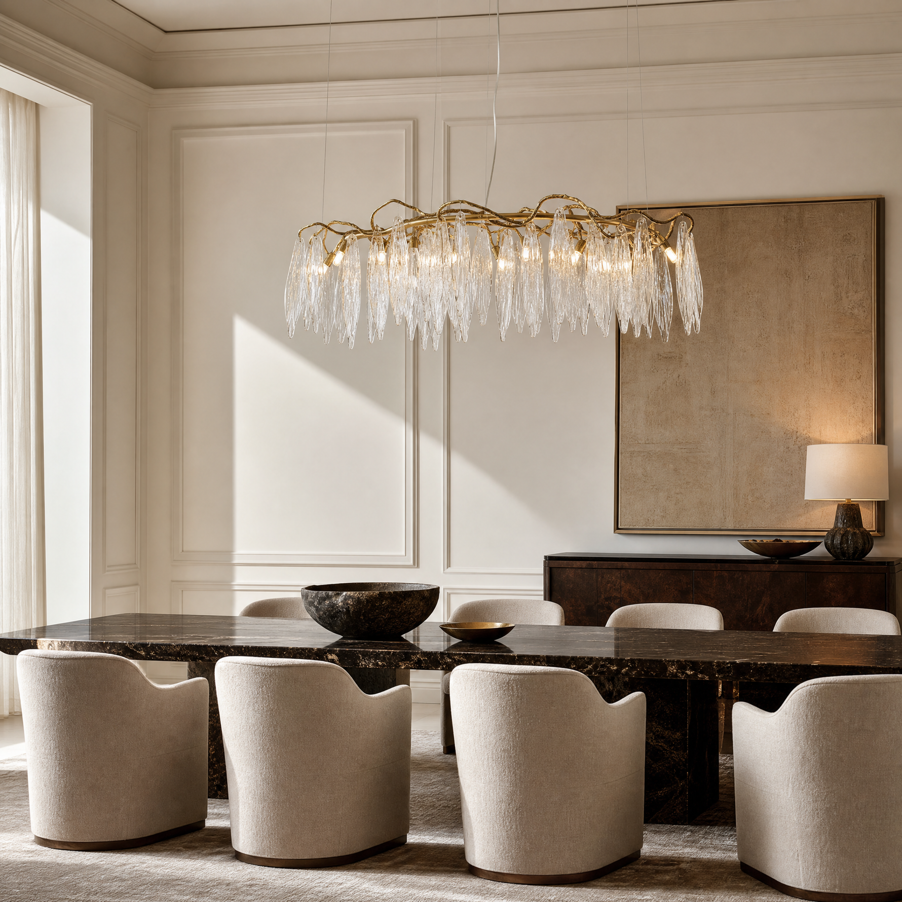 A modern chandelier with elongated textured crystal leaf pendants attached to an antique gold branch-like metal frame.