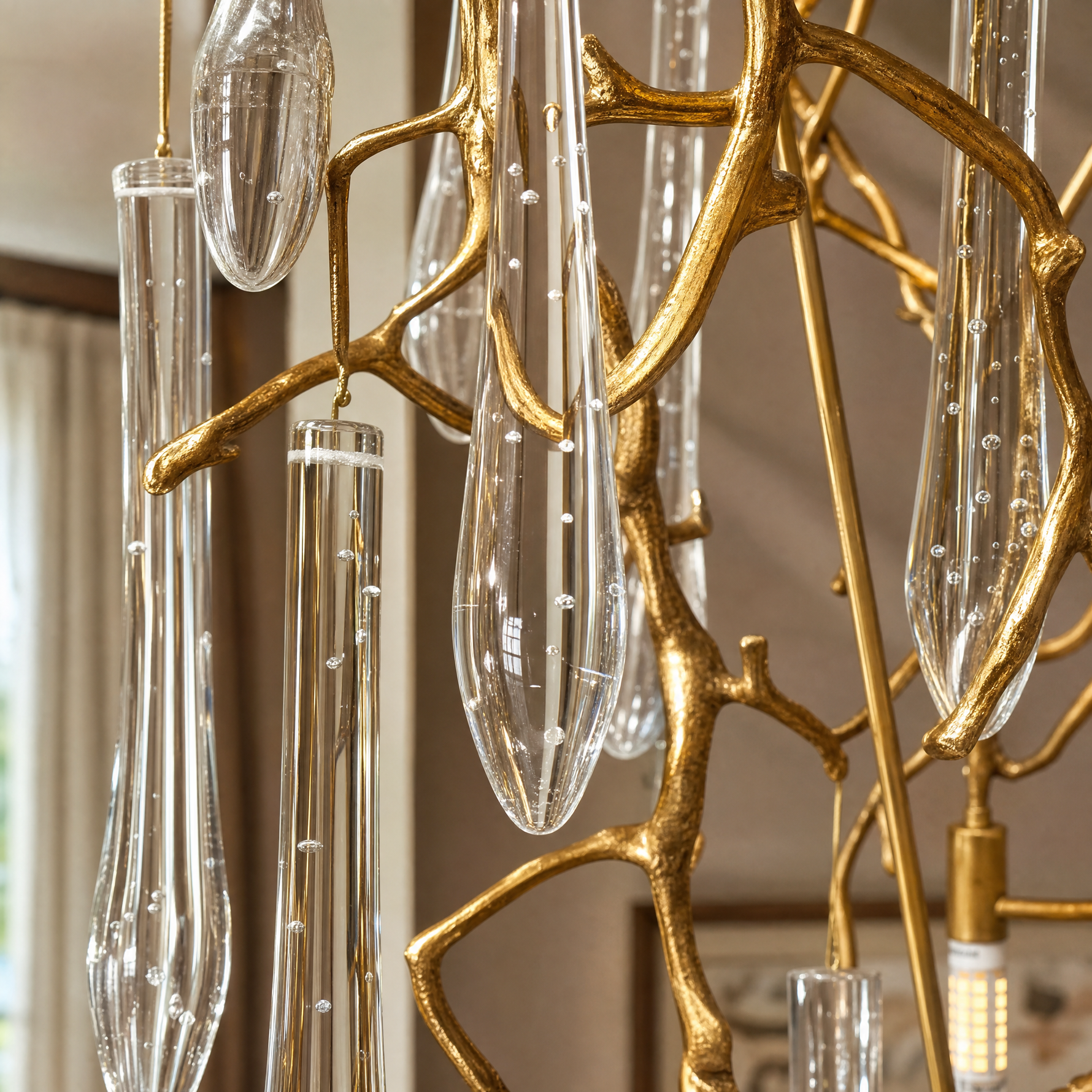 A gold metal branch frame supports a cascading waterfall of clear crystal teardrop prisms in this luxury chandelier.