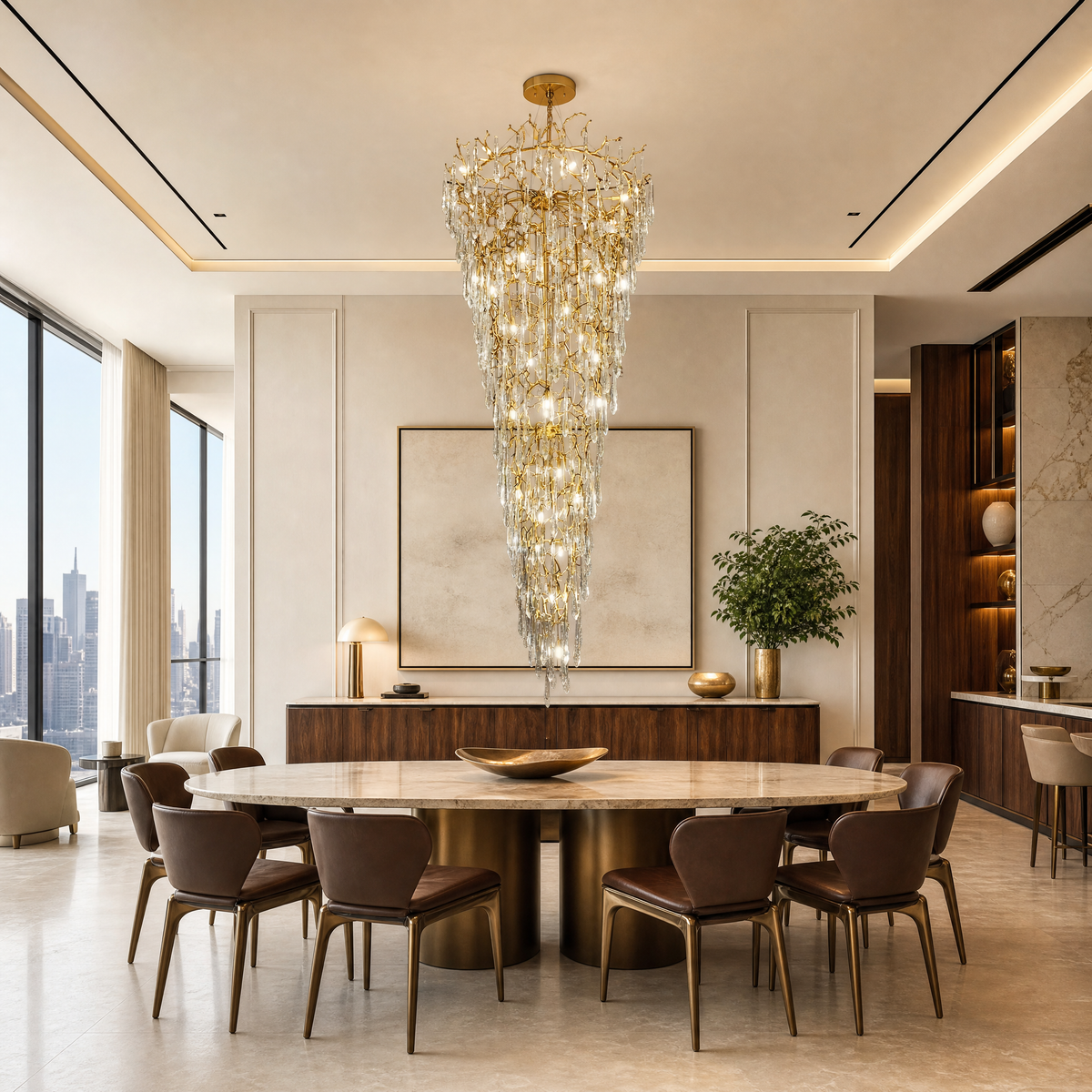 A gold metal branch frame supports a cascading waterfall of clear crystal teardrop prisms in this luxury chandelier.