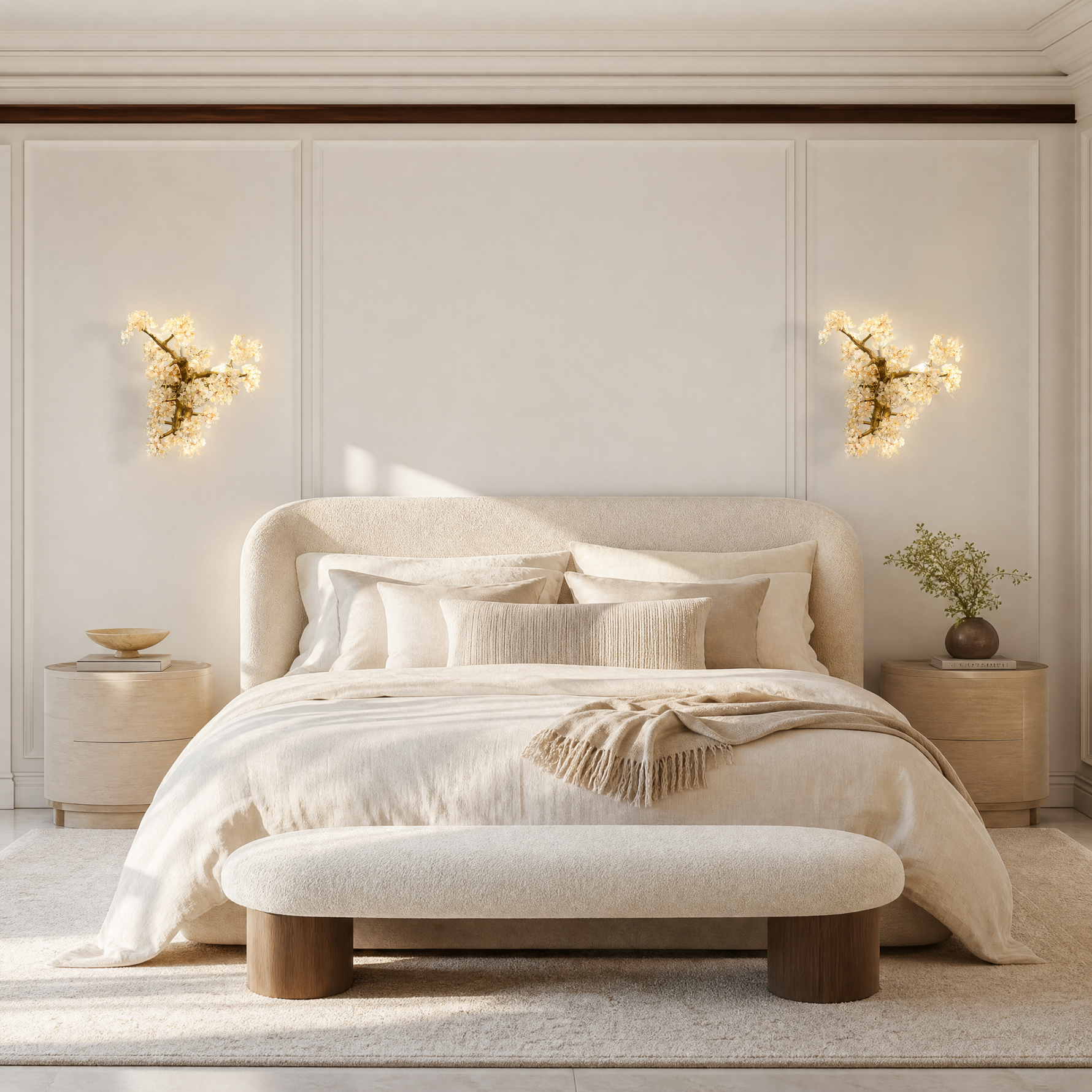 A sculptural wall sconce with a warm gold tree branch frame and faceted crystal floral clusters.