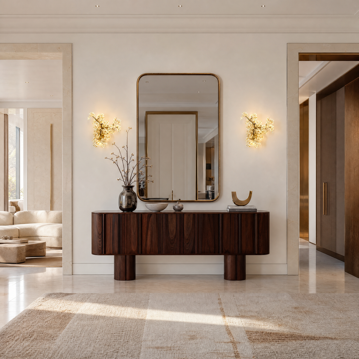 A sculptural wall sconce with a warm gold tree branch frame and faceted crystal floral clusters.