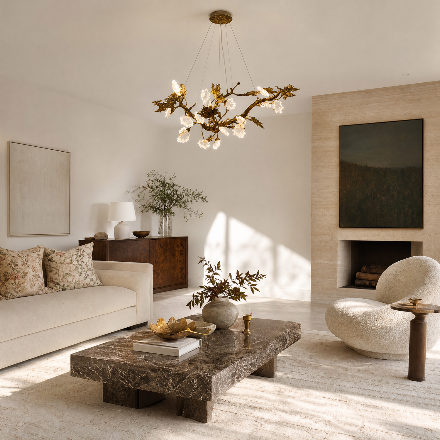 A horizontal, sculptural branch chandelier with a textured antique brass finish and illuminated leaf-shaped crystals.