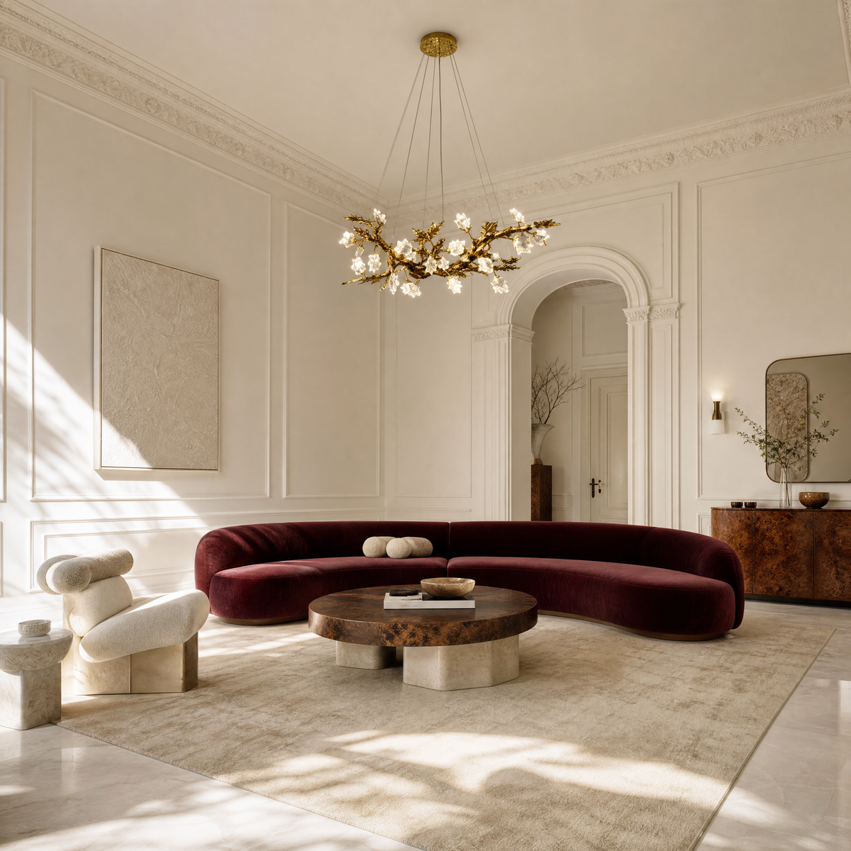 A horizontal, sculptural branch chandelier with a textured antique brass finish and illuminated leaf-shaped crystals.