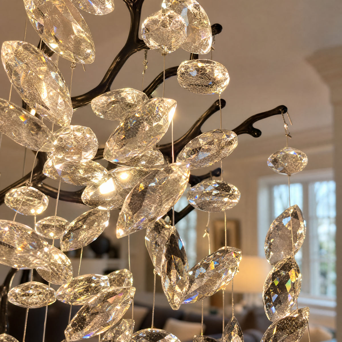 A black metal branch-style chandelier featuring cascading clear teardrop crystals suspended from organic limb-like frames.